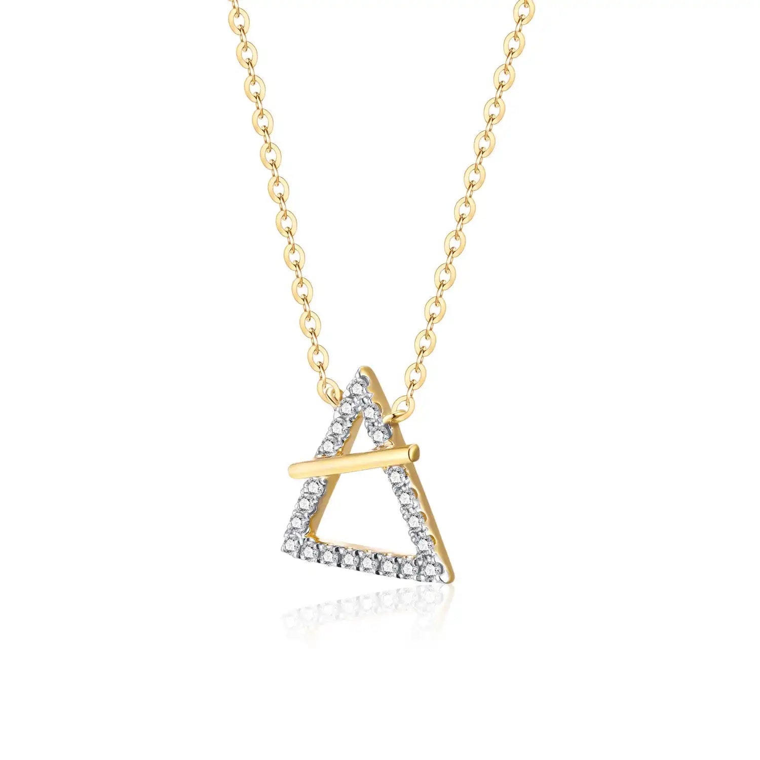 18K yellow gold necklace with crossed triangle diamond pendant – minimalist geometric gold jewelry for women