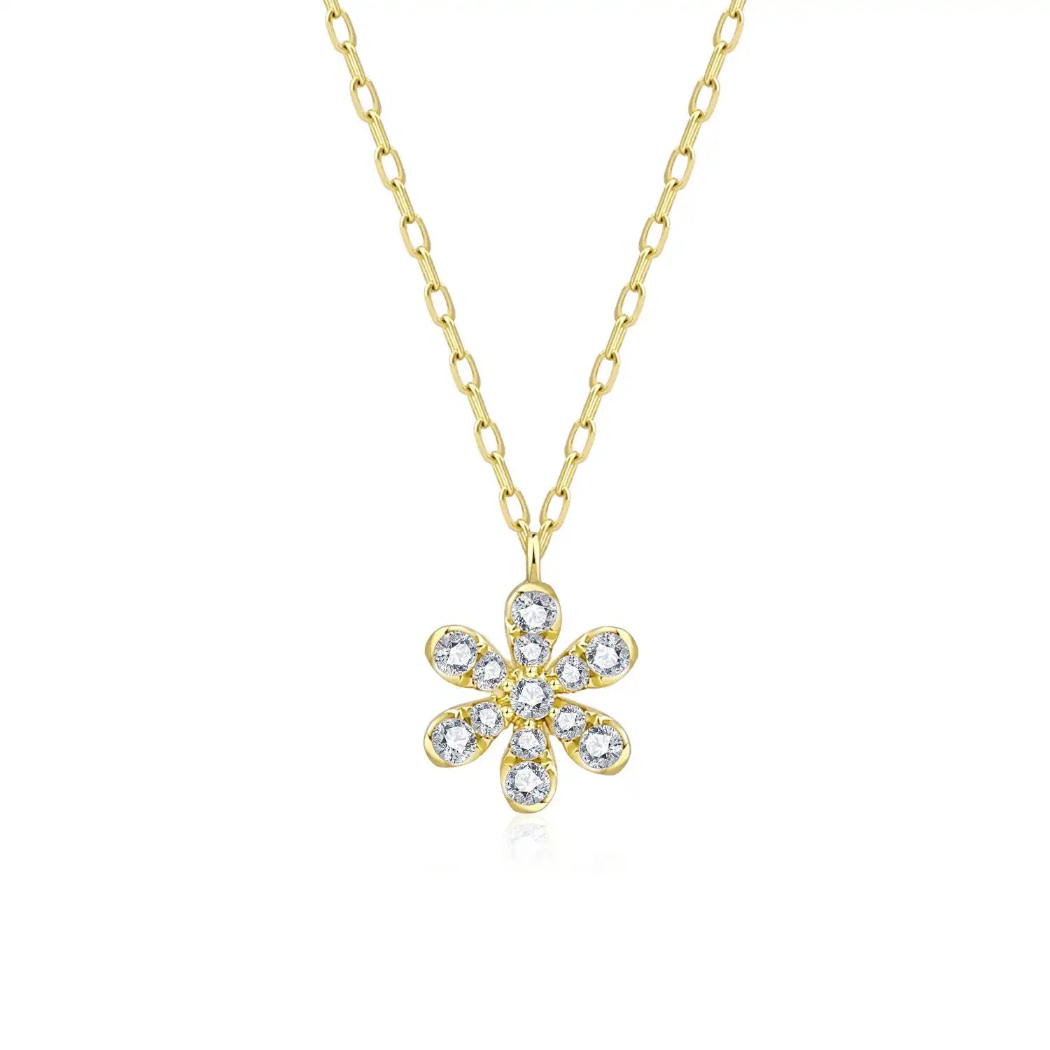 Crocus Diamond Necklace in 18K gold with 13 sparkling SI clarity diamonds on a white Background