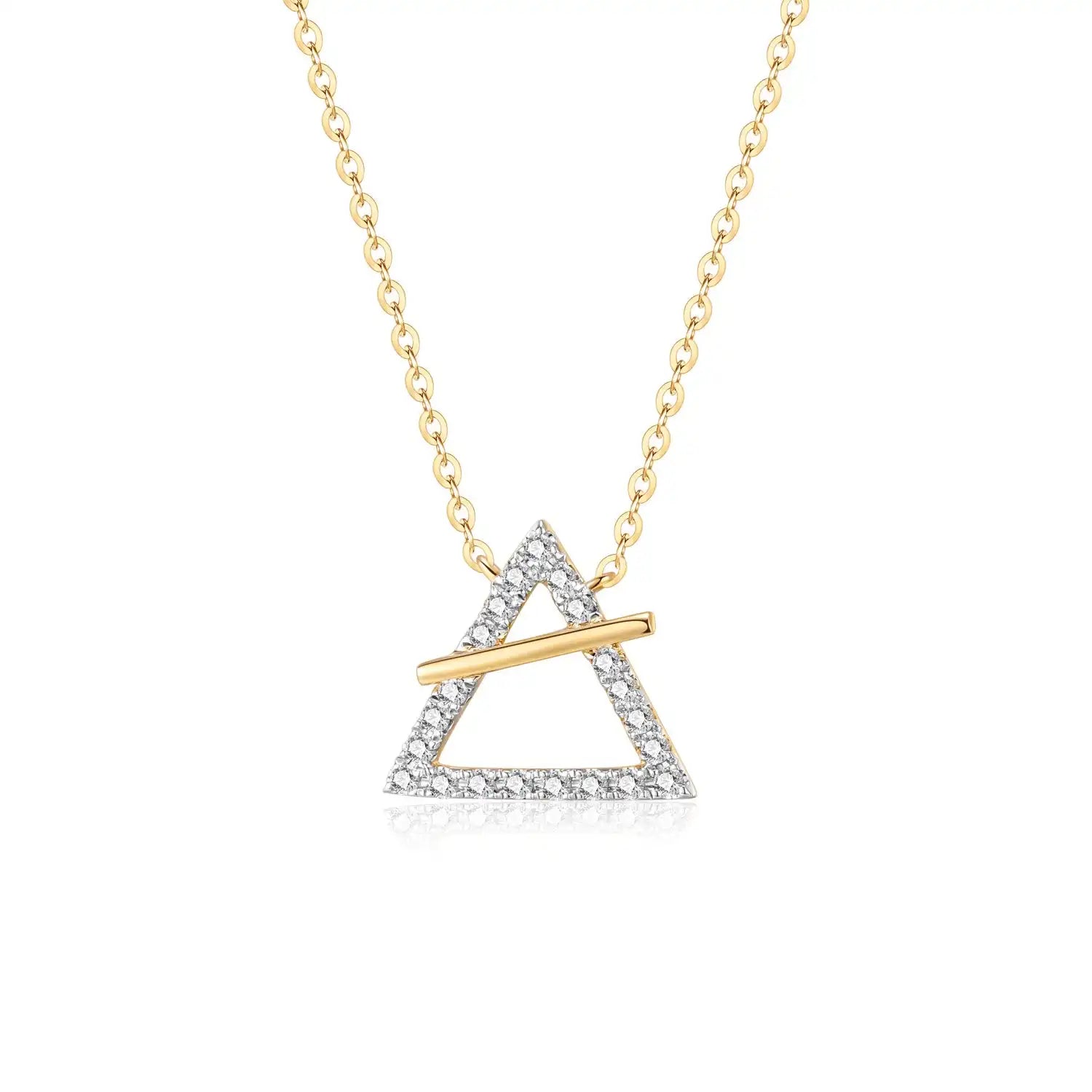 18K yellow gold necklace with crossed triangle diamond pendant – minimalist geometric gold jewelry for women