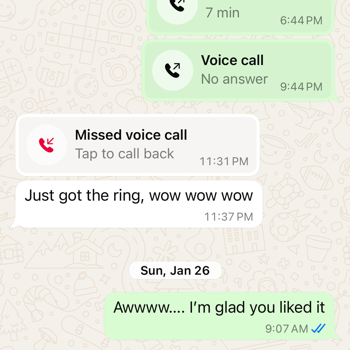 Text message conversation with voice call history on a smartphone.