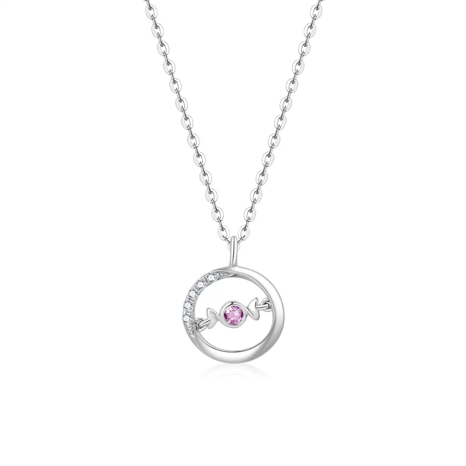 A delicate 18K white gold necklace with a circular pendant featuring a round pink sapphire in the center and a curved row of small white diamonds on one side. The pendant hangs from a thin gold chain.