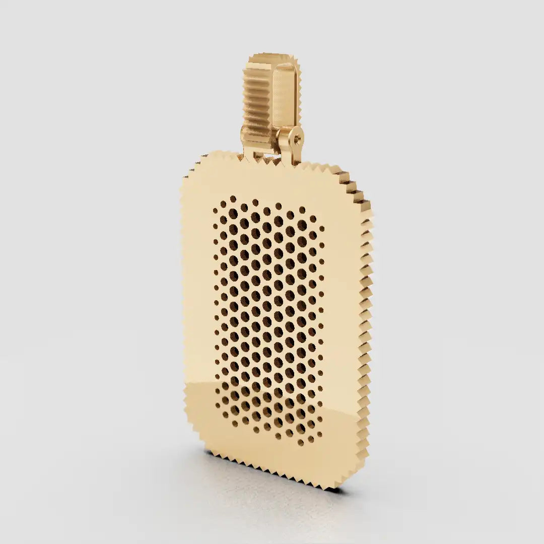 Rear view of King David 18K gold pendant showing ventilated perforated back for comfort.