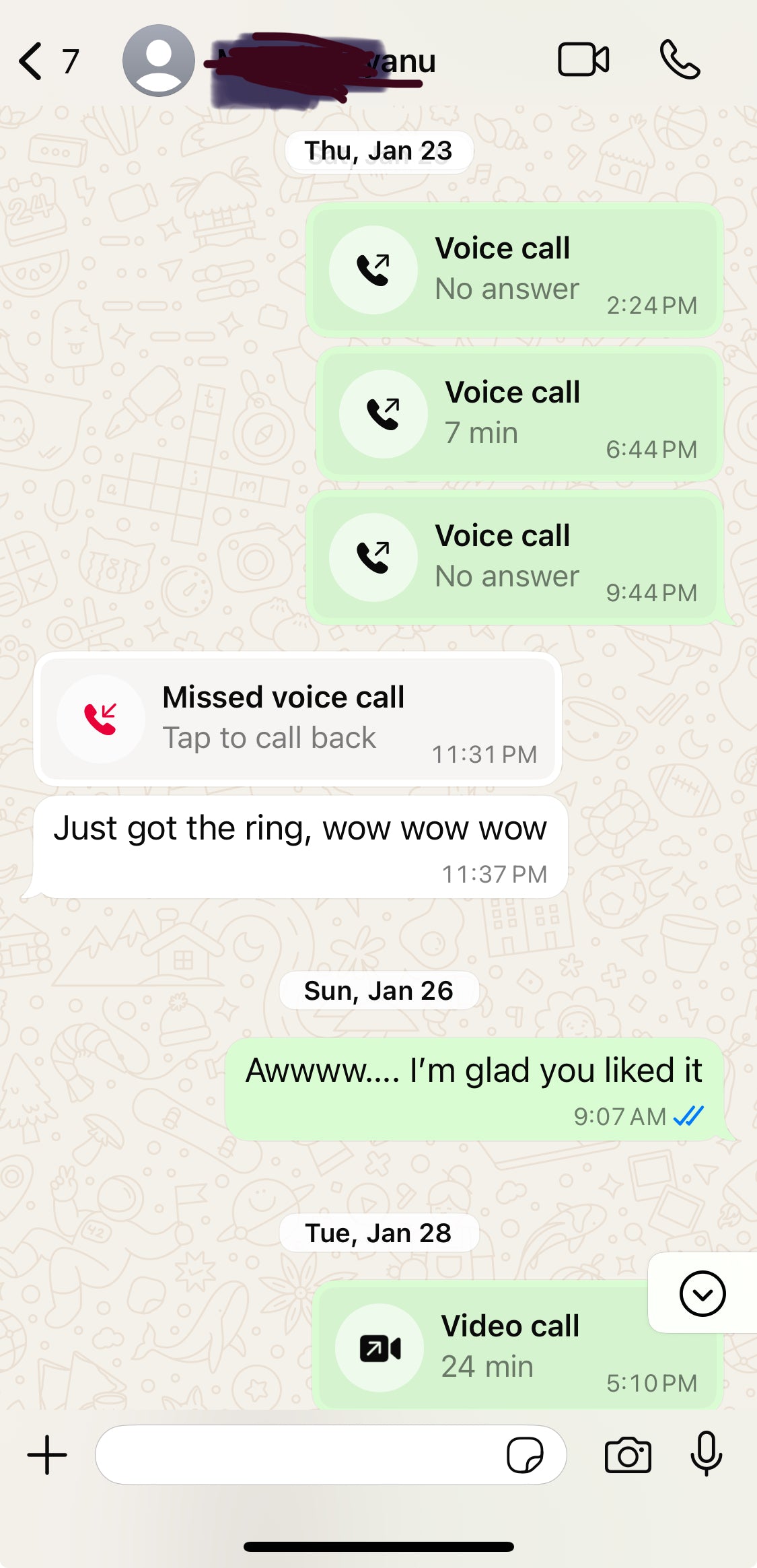 Text message conversation with voice call history on a smartphone.