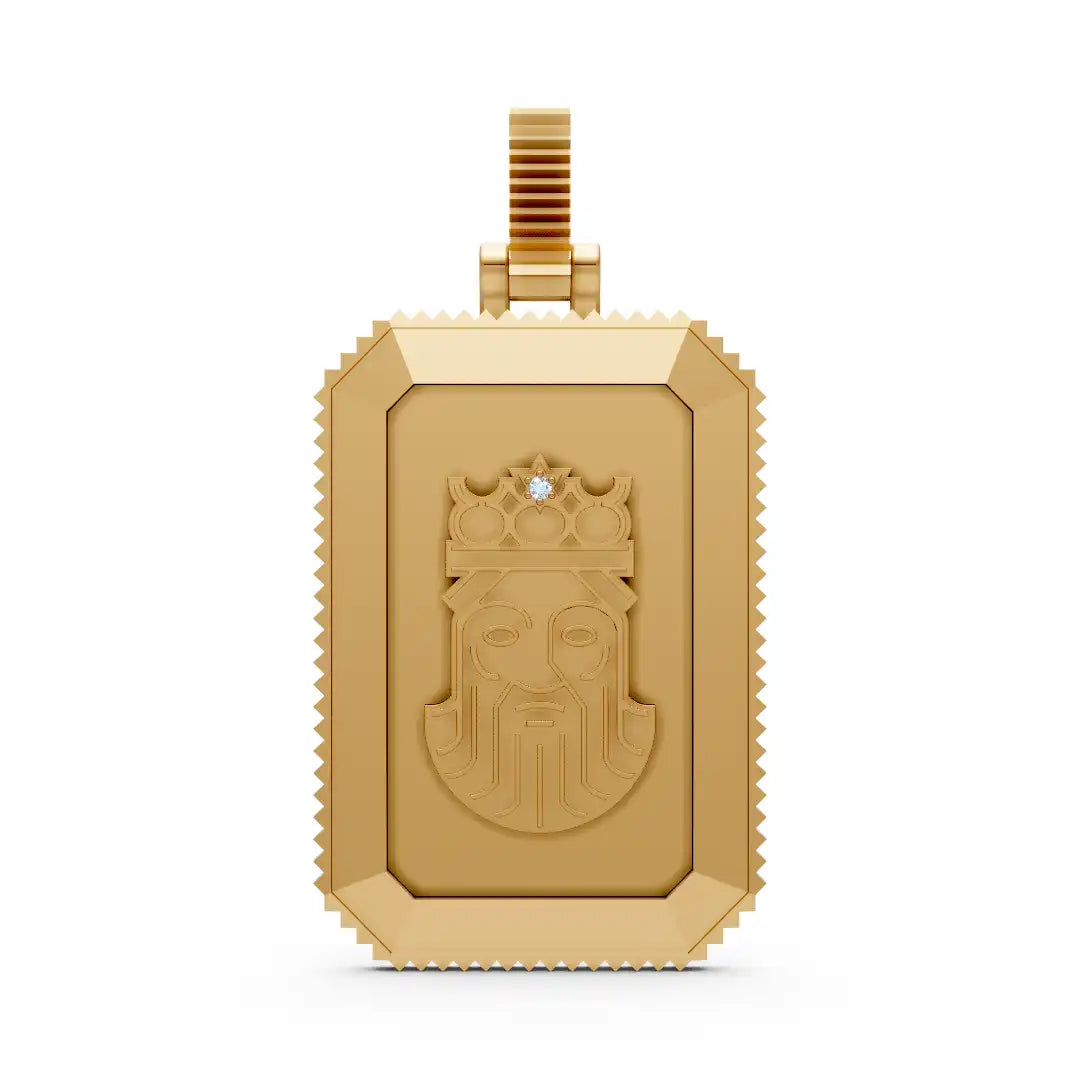 Front view of the King David Pendant in solid 18K Yellow Gold, featuring a crowned king motif with a brilliant diamond 