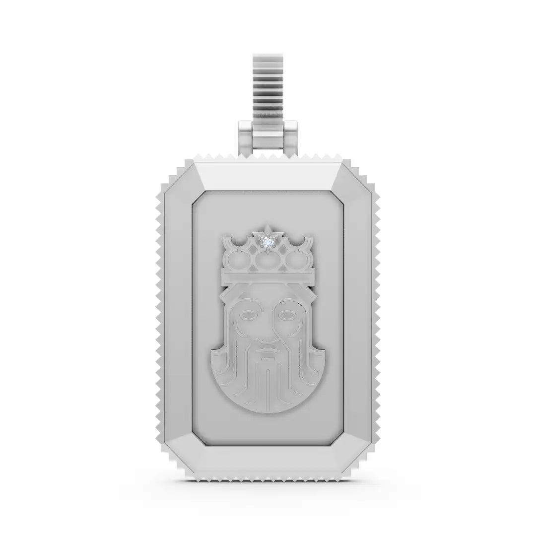 Front of the King David 925 Sterling Silver Pendant, showing the crowned king design with a stone accent and serrated edges