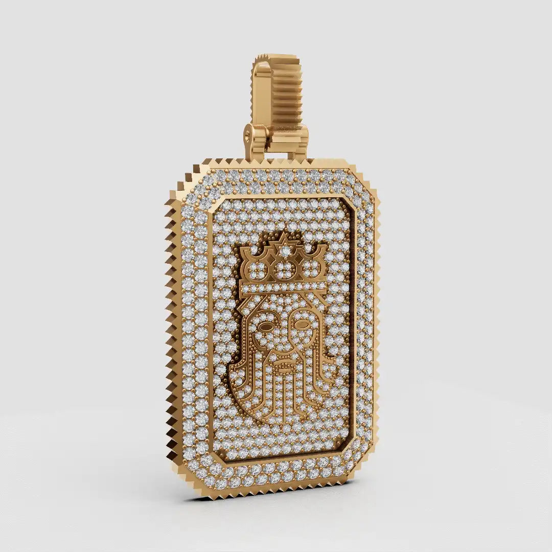 King David pendant in 18K yellow gold with pavé diamonds, crown face dog tag design on white background.
