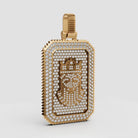 King David pendant in 18K yellow gold with pavé diamonds, crown face dog tag design on white background.
