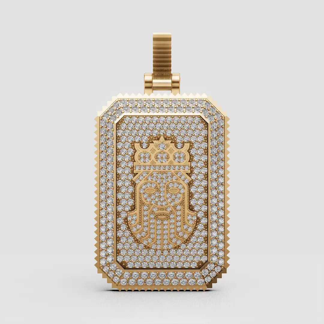 King David pendant in 18K yellow gold with pavé diamonds, crown face dog tag design on white background.

