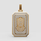 King David pendant in 18K yellow gold with pavé diamonds, crown face dog tag design on white background.
